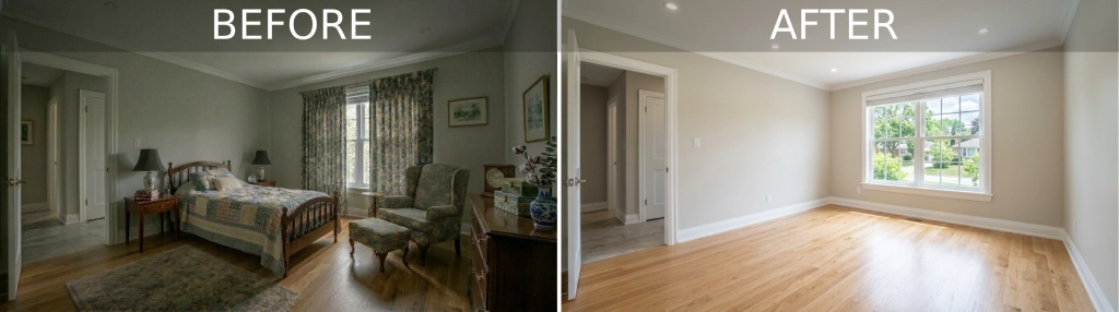 Visual before and after comparison showing a cluttered estate room transitioned to a pristine, broom-swept empty home ready for real estate staging